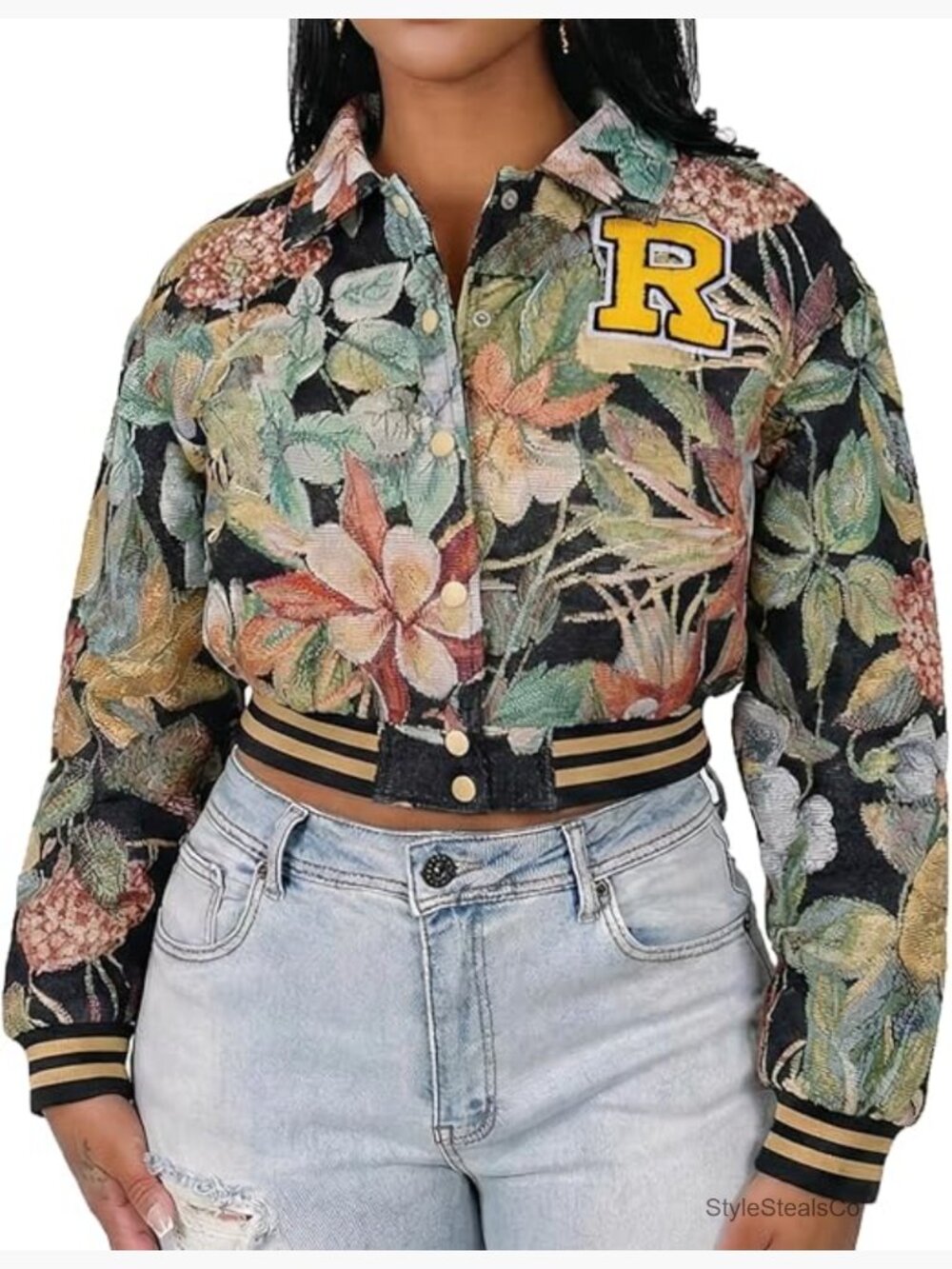 Textured Floral Bomber Jacket Cropped Varsity Letterman Snap Button Long Sleeve